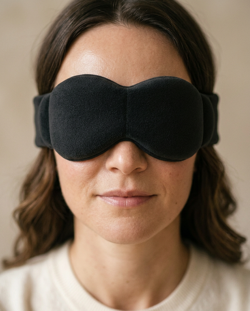 <p>Het masker sluit zacht aan rond je ogen en voorhoofd. Geen lichtinval, geen afleiding, alleen duisternis.</p>